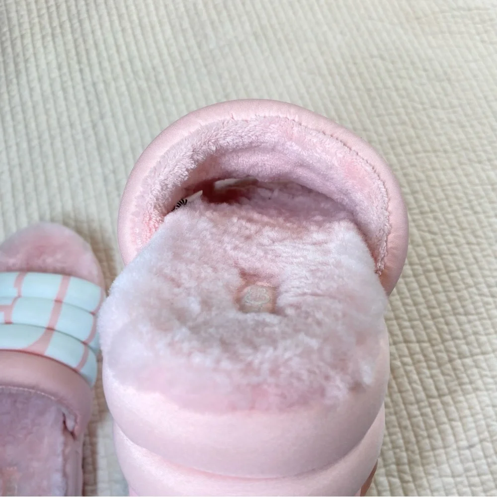 UGG Womens Maxi Slide Logo Sandal Pink Scallop Puff Platform Fur Lined Size 8